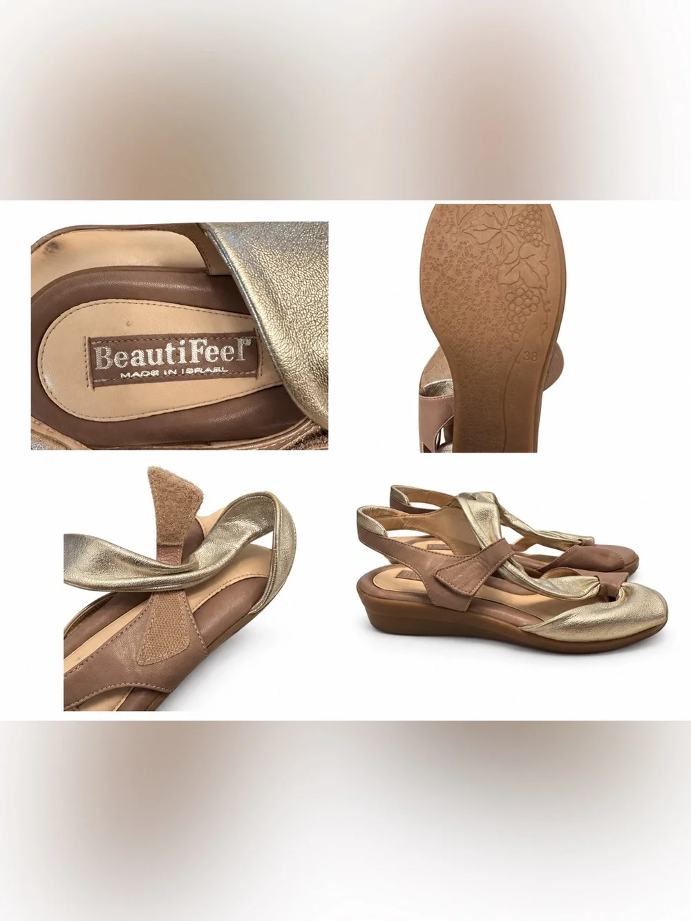 BeautiFeel Metallic Gold Taupe Leather Comfort Sandals EU 38, US 7 - 7.5